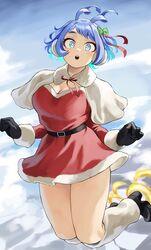  absurdres belt black_belt black_footwear black_gloves blue_eyes blue_hair blue_sky boku_no_hero_academia breasts bright_pupils capelet cleavage cloud commentary dress earmuffs female fengling_(furin-jp) gloves hadou_nejire highres large_breasts long_sleeves red_dress shoes short_hair sky solo symbol-only_commentary thighs white_capelet white_pupils 