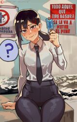  ? arm_support black_hair black_necktie black_pants bra_visible_through_clothes brown_eyes chainsaw_man collared_shirt female food hair_ornament hairclip higashiyama_kobeni high-waist_pants highres holding holding_food holding_popsicle mole mole_under_eye mole_under_mouth necktie office_lady pants patreon_logo ponytail popsicle ribosoma_42 see-through see-through_shirt shirt shirt_tucked_in sign single_sidelock sitting solo spanish_text speech_bubble spoken_question_mark sweat sweaty_clothes translated warning_sign web_address white_background 