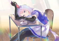  animal_ears black_gloves black_pantyhose closed_mouth commentary_request cup desk doushi_tatsu_to_dekkai_no elbow_gloves female gloves highres horse_ears horse_girl horse_tail light light_blush looking_at_viewer mejiro_mcqueen_(umamusume) on_chair pantyhose petticoat pleated_skirt puffy_short_sleeves puffy_sleeves purple_eyes purple_hair purple_shirt school_desk school_uniform shirt short_sleeves sitting skirt smile solo summer tail teacup tracen_school_uniform umamusume white_skirt 