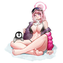  absurdres baby_penguin bare_legs barefoot bikini bird black_bikini blue_archive breasts bright_pupils cleavage clothes_grab commentary d: eimi_(blue_archive) eimi_(swimsuit)_(blue_archive) feet female goggles goggles_on_head halo head_tilt high_ponytail highres indian_style jacket jacket_grab large_breasts long_hair looking_at_viewer mihua_mh nail_polish navel off_shoulder open_clothes open_jacket open_mouth opened_by_self penguin pink_eyes pink_hair pink_halo pink_jacket pink_nails scarf sidelocks simple_background single_bare_shoulder sitting soles solo stomach sweat swimsuit symbol-only_commentary toes white_background white_pupils white_scarf 