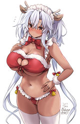  absurdres alternate_costume antlers bikini blush breasts christmas cleavage dark-skinned_female dark_skin dated embarrassed female grey-framed_eyewear grey_hair hair_between_eyes highres horns kantai_collection large_breasts long_hair mashiro_yukiya musashi_(kancolle) musashi_kai_ni_(kancolle) rectangular_eyewear red_bikini reindeer_antlers santa_bikini signature solo swimsuit thighhighs twintails white_thighhighs 