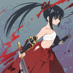  armor black_hair blood breasts brown_eyes bushidou_(sekaiju) bushidou_2_(sekaiju) chest_sarashi expressionless female hakama highres holding holding_sword holding_weapon japanese_armor japanese_clothes kote long_hair looking_at_viewer mya-zawa no_shirt outdoors ponytail red_hakama rope sarashi sekaiju_no_meikyuu sekaiju_no_meikyuu_1 sheath sideways_glance small_breasts solo sword upper_body weapon 