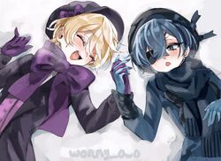  2boys alois_trancy artist_name blonde_hair blue_eyes blue_gloves blue_hair blue_ribbon ciel_phantomhive closed_eyes coat earrings eyepatch gloves hat highres holding_hands interlocked_fingers jewelry kodona kuroshitsuji lolita_fashion lying male_focus multiple_boys open_mouth otoko_no_ko purple_gloves purple_ribbon purple_suit ribbon scarf short_hair snow suit tongue_tattoo winter_clothes winter_coat wormy_owo yaoi 