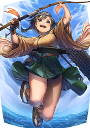  archery blush bow_(weapon) breasts brown_eyes brown_hair cloud cloudy_sky female flight_deck gloves green_hakama hachimaki hakama hakama_short_skirt hakama_skirt headband highres hiryuu_(kancolle) hiryuu_kai_ni_(kancolle) holding holding_bow_(weapon) holding_weapon japanese_clothes jumping kantai_collection kimono kyuudou large_breasts ocean okobo one_side_up open_mouth orange_kimono partially_fingerless_gloves quiver sandals short_hair skirt sky smile solo unworn_headband water weapon yellow_kimono yugake yumi_(bow) zombie_mogura 