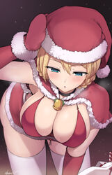  bell bent_over bikini black_choker blonde_hair blue_eyes blush breasts candy candy_cane choker christmas darjeeling_(girls_und_panzer) female food fur-trimmed_headwear fur_trim girls_und_panzer glint hand_on_headwear hat highres jingle_bell kasai_shin large_breasts light_particles neck_bell parted_lips red_hat sack santa_bikini santa_hat solo swimsuit thighhighs veins white_thighhighs 