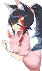  absurdres alternate_costume animal_ear_fluff animal_ears black_hair blush breasts clipboard commentary female hair_between_eyes hair_ornament hairclip highres hiroikara_(smhong04) hololive kouhaku_nawa long_hair looking_at_viewer multicolored_hair nurse ookami_mio open_mouth pen ponytail red_hair rope shimenawa simple_background solo streaked_hair symbol-only_commentary tail virtual_youtuber white_background wolf_ears wolf_girl wolf_tail yellow_eyes 