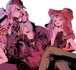  1boy 2girls abigail_williams_(fate) abigail_williams_(swimsuit_foreigner)_(fate) abigail_williams_(swimsuit_foreigner)_(first_ascension)_(fate) angra_mainyu_(fate) ashiya_douman_(fate) bare_shoulders baseball_cap basket bow candy corruption crossed_legs dark_persona dark_sakura fate/grand_order fate_(series) food ghost glasses glowing glowing_eyes grey_hair hairbow hand_on_own_cheek hand_on_own_face hat highres jack-o&#039;-lantern jacket kama_(fate) kama_(tour_outfit)_(fate) lollipop looking_at_viewer matou_sakura multicolored_hair multiple_girls multiple_hair_bows oerba_yun_fang possessed red_eyes sakura_(skr_i) sitting skin_fang split-color_hair yog-sothoth 