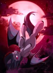  2018 absurd_res ambiguous_gender bat_pony black_hooves cloud cute_fangs detailed_background equid falling featureless_crotch feral flapping_wings front_view full-length_portrait full_moon glistening glistening_eyes grey_hair hair hakkids2 hasbro hi_res highlights_(coloring) hooves light lighting looking_at_viewer mammal membrane_(anatomy) membranous_wings moon motion_lines my_little_pony night open_mouth open_smile outside plant portrait pupils red_eyes red_highlights short_hair sky slit_pupils smile solo spread_wings star starry_sky translucent translucent_wings tree upside-down wings 