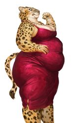  2023 3:5 anthro belly big_belly bloated breasts cettus cleavage clothed clothing dress felid female fur hi_res ilse_lemaire jaguar jewelry mammal markings necklace obese obese_anthro obese_female overweight overweight_anthro overweight_female pantherine side_view simple_background solo spots spotted_body spotted_fur standing tail white_background yellow_body yellow_fur 