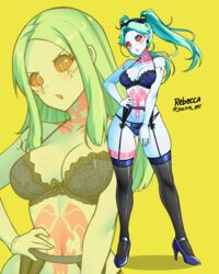  alternate_breast_size alternate_height ass_visible_through_thighs bare_shoulders black_thighhighs blue_footwear blue_hair breasts cleavage cyberpunk_(series) cyberpunk_edgerunners english_commentary female green_eyes hand_on_own_hip high_heels highres jarckius long_hair looking_at_viewer medium_breasts multicolored_eyes navel open_mouth panties rebecca_(cyberpunk) red_eyes skindentation solo thighhighs twintails underwear underwear_only 