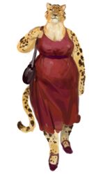  2023 anthro cettus clothed clothing dress felid female footwear front_view fully_clothed fur ilse_lemaire jaguar mammal markings overweight overweight_anthro overweight_female pantherine purse red_clothing red_dress shoes simple_background solo spots spotted_body spotted_fur tail walking white_background yellow_body yellow_fur 