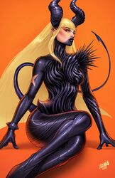  black_bodysuit blonde_hair bodysuit breasts brown_eyes david_nakayama demon_horns demon_tail earrings female highres horns illyana_rasputina initial jewelry long_hair looking_at_viewer magik_(x-men) marvel medium_breasts orange_background simple_background sitting solo tail watermark x-men 