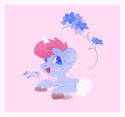  2022 blue_body blue_eyes blue_flower blue_fur border digital_drawing_(artwork) digital_media_(artwork) equid equine feral flower fur hair happy hooves horn lolicon looking_back male mammal mane muscabre osamu_tezuka pink_background pink_hair pink_mane plant sanrio simple_background smile solo tail unico unico_(series) unicorn white_border white_tail young 