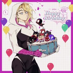  ! balloon blonde_hair bodysuit border chibi colored_tips drum eyebrow_piercing grid_background gugusam0 gwen_stacy happy_birthday highres hood hooded_bodysuit instrument knit_hat korean_commentary marvel mask mayday_parker multicolored_hair peni_parker peter_b_parker piercing purple_border smile sp//dr spider-byte spider-gwen spider-ham spider-man:_across_the_spider-verse spider-man_(miles_morales) spider-man_(series) spider-man_india spider-man_noir spider-punk spider-verse spider_web_print spoken_exclamation_mark two-tone_bodysuit 