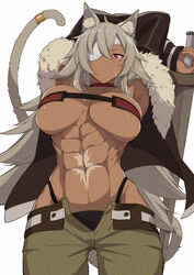  abs animal_ear_fluff animal_ears arms_up bandeau belt black_jacket black_panties breasts cat_ears cat_girl cat_tail cleavage closed_mouth cluseller commentary cowboy_shot crossed_arms dark-skinned_female dark_skin expressionless eyepatch female fur-trimmed_jacket fur_trim ghislaine_dedoldia green_pants grey_hair hair_between_eyes holding holding_sword holding_weapon jacket large_breasts long_hair looking_at_viewer muscular muscular_female mushoku_tensei navel obliques one-eyed open_belt open_clothes open_jacket open_pants panties pants red_bandeau red_eyes revealing_clothes scar scar_on_cheek scar_on_face scar_on_stomach sidelocks simple_background skindentation solo standing stomach sword tail tail_ornament tail_ring underwear weapon white_background 