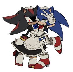  5_fingers annoyed anthro clothed clothing crossdressing dress eulipotyphlan femboy fingers footwear green_eyes hedgehog hi_res looking_at_viewer maid_uniform male mammal pose red_eyes roastedgarlics2 sega shadow_the_hedgehog shoes simple_background sonic_the_hedgehog sonic_the_hedgehog_(series) uniform 