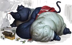  2023 all_fours angry anthro barefoot belly belly_squish big_belly black_body black_fur cettus domestic_cat feet felid feline felis female fur hi_res huge_belly lying mammal morbidly_obese morbidly_obese_anthro morbidly_obese_female obese obese_anthro obese_female on_front overweight overweight_anthro overweight_female sarka_svobodova screwdriver simple_background solo squish tail toolbox tools white_background working 