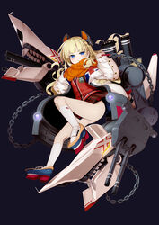  akazawa_red ass black_background blonde_hair blue_eyes blush braid cannon cardigan chains commentary_request copyright_request female full_body headgear highres jacket looking_at_viewer machinery mecha_musume miniskirt official_art open_clothes open_jacket orange_scarf plaid plaid_skirt platform_footwear scarf school_uniform side_braid simple_background skirt smokestack socks solo turret white_socks 