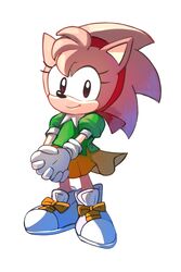  amy_rose female full_body furry furry_female gloves green_shirt hairband highres looking_at_viewer orange_skirt own_hands_clasped own_hands_together plus2sf puffy_short_sleeves puffy_sleeves red_hairband shirt shoes short_sleeves simple_background skirt smile sneakers solo sonic_(series) sonic_the_hedgehog_(classic) white_background white_footwear white_gloves 