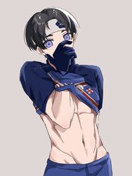  1boy binonng black_hair blue_gloves blue_lock blue_pants blue_shirt clothes_lift covering_own_mouth gloves grey_background guilty_challenge_(meme) hairband hand_over_own_mouth hand_under_clothes highres male_focus meme midriff navel nijirou_nanase pants purple_eyes shirt shirt_lift simple_background solo sportswear stomach toned toned_male 