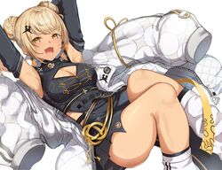  :d absurdres armpits arms_behind_head asymmetrical_clothes belt black_belt black_dress black_skirt black_sleeves blonde_hair braid braided_bun breasts china_dress chinese_clothes cleavage cleavage_cutout clothing_cutout double_bun dress earrings female gyaru hair_bun highres jacket jewelry kairi_(miry666) kaminari_qpi kaminari_qpi_(4th_costume) leg_warmers long_sleeves looking_at_viewer lying medium_breasts miniskirt oerba_yun_fang on_back orange_eyes pleated_skirt side_cutout simple_background skin_fang skirt smile socks solo suspenders tassel tassel_earrings thighs turtleneck turtleneck_dress virtual_youtuber vspo! white_background white_jacket white_socks zipper zipper_pull_tab 