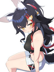  absurdres alternate_costume animal_ear_fluff animal_ears bare_shoulders black_hair blush breasts commentary female flipped_hair hair_between_eyes hair_ornament hairclip hashtag-only_commentary highres hiroikara_(smhong04) hololive kouhaku_nawa long_hair looking_at_another multicolored_hair ookami_mio ponytail red_hair rope shimenawa shorts simple_background sitting solo strapless streaked_hair sweat tail tube_top virtual_youtuber white_background white_shorts wolf_ears wolf_girl wolf_tail yellow_eyes 