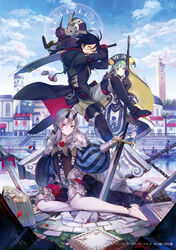  afloat ahoge animal armor black_hair blush boat bow_(weapon) broken brown_gloves chains city closed_mouth cloud cloudy_sky eyes_visible_through_hair facial_mark fingernails flower gloves greaves green_hair grey_hair hair_between_eyes hat highres hihara_you holding holding_bow_(weapon) holding_sword holding_wand holding_weapon hood hood_down horns jumping long_hair magic official_art open_mouth outdoors over_shoulder parted_lips pauldrons petals photoshop_(medium) pillar pouch puffy_sleeves purple_headwear railing red_eyes red_flower red_gloves red_rose reflection rock rose scabbard sheath shield short_hair shoulder_armor sitting sky smile spikes standing striped sword sword_world sword_world_2.5 teeth upper_teeth_only wand water watercraft weapon weapon_over_shoulder yellow_eyes 