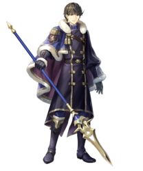  1boy asatani_tomoyo belt berkut_(fire_emblem) berkut_(soiree)_(fire_emblem) boots brown_eyes brown_hair cape coat epaulettes fire_emblem fire_emblem_echoes:_shadows_of_valentia fire_emblem_heroes full_body fur_trim gloves highres male_focus official_art polearm solo spear transparent_background weapon 