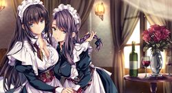  2girls azur_lane blue_eyes blush bottle bow braid breasts cleavage commentary_request corset cup curacoa_(azur_lane) curlew_(azur_lane) curtains day dress drinking_glass flower frills hair_between_eyes hairbow highres holding holding_another&#039;s_hair indoors jewelry juliet_sleeves large_breasts light long_hair long_sleeves maid maid_headdress monety multiple_girls open_mouth puffy_sleeves purple_hair red_flower red_rose rose sidelocks single_braid sleeve_cuffs smile vase window wine_glass 