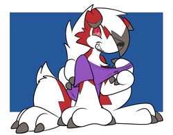  absurd_res ambiguous_gender anthro black_claws canid canine claws clothing feet fingers generation_7_pokemon hair hi_res joltink lycanroc mammal midnight_lycanroc nintendo pokemon pokemon_(species) red_eyes sharp_teeth shirt sitting smile solo teeth toe_claws toes topwear white_hair 