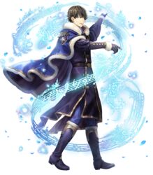  1boy asatani_tomoyo belt berkut_(fire_emblem) berkut_(soiree)_(fire_emblem) boots brown_eyes brown_hair cape coat epaulettes fire_emblem fire_emblem_echoes:_shadows_of_valentia fire_emblem_heroes full_body fur_trim gloves highres male_focus musical_note official_art open_mouth polearm solo spear teeth transparent_background weapon 