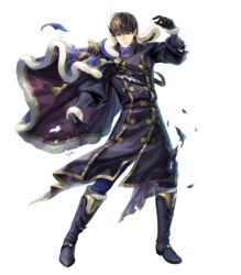  1boy asatani_tomoyo belt berkut_(fire_emblem) berkut_(soiree)_(fire_emblem) boots brown_eyes brown_hair cape coat epaulettes fire_emblem fire_emblem_echoes:_shadows_of_valentia fire_emblem_heroes full_body fur_trim gloves highres male_focus official_art polearm solo spear teeth torn_clothes transparent_background weapon 