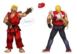  2boys bare_shoulders baseball_cap belt black_belt blonde_hair capcom_vs_snk cosplay denim dougi fatal_fury fingerless_gloves from_behind full_body gloves hat hungry_clicker jeans ken_masters long_hair looking_at_another male_focus mario mario_(series) mario_hat martial_arts_belt multiple_boys muscular open_mouth pants parody ponytail red_headwear shoes simple_background smile sneakers star_(symbol) street_fighter super_smash_bros. terry_bogard the_king_of_fighters throwing throwing_hat translated vest when_you_see_it white_background 