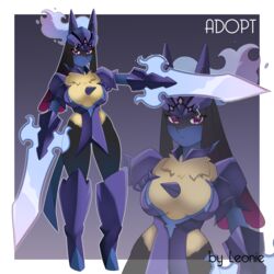  1:1 absurd_res anthro breasts ceruledge female fusion generation_4_pokemon generation_9_pokemon hi_res humanoid_face lucario nintendo pokemon pokemon_(species) pokemon_fusion solo weapon yey_leonie 