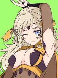  ahoge armpits asymmetrical_bangs bare_shoulders blonde_hair blue_eyes bodystocking breasts bridal_gauntlets circlet female fire_emblem fire_emblem_fates highres long_hair looking_at_viewer medium_breasts one_eye_closed ophelia_(fire_emblem) pantyhose solo tavi_(hosheezus) upper_body 