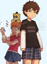  1boy blonde_hair bow brother_and_sister brown_hair commentary crying_child_(fnaf) dabi_bill elizabeth_afton female five_nights_at_freddy&#039;s five_nights_at_freddy&#039;s:_sister_location five_nights_at_freddy&#039;s_4 food fredbear_(fnaf) green_eyes hairbow highres holding holding_food holding_spoon ice_cream ice_cream_cone lolicon long_hair pink_shirt shirt shorts siblings skirt spanish_commentary spoon striped_clothes striped_shirt stuffed_animal stuffed_toy teddy_bear 