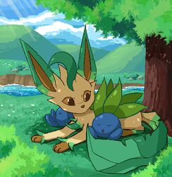  ambiguous_gender animated biko97 blinking blue_body brown_inner_ear brown_nose brown_sclera daww eeveelution feral generation_1_pokemon generation_4_pokemon green_body group leaf leafeon long_ears low_res lying mammal mountain multicolored_body nintendo notched_ear notched_tail oddish plant pokemon pokemon_(species) short_playtime sky sleeping sleeping_together tan_body tree trio water 