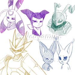  1:1 ambiguous_gender antennae_(anatomy) armor arthropod bandai_namco bandana blackgatomon bodily_fluids bust_portrait claws clothing digimon digimon_(species) digital_drawing_(artwork) digital_media_(artwork) fangs felid feline gatomon gloves group hair handwear impmon insects kerchief long_ears lunamon magnamon mammal markings monochrome neotamine portrait reptile scalie spikes stingmon sweat teeth 