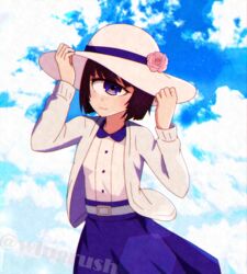  belt blue_eyes blue_skirt blush cloud commentary cyclops female flower fooring hands_on_headwear hat hat_flower highres jacket manako monster_musume_no_iru_nichijou one-eyed pink_flower pink_rose rose short_hair skirt sky smile solo sun_hat twitter_username white_jacket 