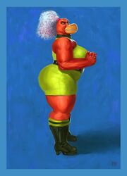  2022 accipitriform anthro ass athletic_wear avian beak belt big_ass_comics big_breasts big_butt big_hair big_legs bird blue_background boots bottomwear breasts choker clothed clothing curled_hair curvy_figure dyna_soar female footwear frowning_at_viewer fully_clothed green_clothing gym_bottomwear gym_shorts hair hi_res high_heeled_boots high_heels jewelry looking_at_viewer nails necklace ponytail red_body shorts side_view signature simple_background sleeveless_topwear solo standing voluptuous vulture vulture_demoness wrestler wrestler_costume 