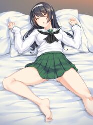  bangs banned_artist bare_legs barefoot bed bed_sheet black_hair black_neckwear blush closed_eyes commentary_request eyebrows_visible_through_hair female girls_und_panzer green_skirt hair_between_eyes hairband highres ikomochi long_hair long_sleeves lying neckerchief on_back on_bed ooarai_school_uniform open_mouth panties pantyshot pantyshot_(lying) pillow pleated_skirt reizei_mako school_uniform serafuku skirt sleeping soles solo spread_legs toes underwear white_hairband white_panties 