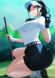  absurdres ball black_gloves black_hair breasts brown_eyes female gloves golf golf_ball golf_club golf_course highres holding holding_ball holding_golf_ball kagematsuri looking_at_viewer medium_breasts mole mole_under_eye on_one_knee original ponytail shirt shoes single_glove solo thighs visor_cap white_shirt 