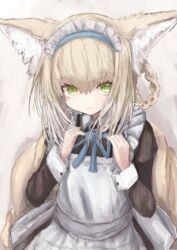  absurdres adjusting_neck_ribbon alternate_costume animal_ears arknights black_dress blonde_hair blue_hairband blue_ribbon braid dress enmaided female fox_ears fox_tail green_eyes grey_background hairband hands_up highres kitsune long_hair long_sleeves maid maid_headdress neck_ribbon piennamekuzi ribbon simple_background solo suzuran_(arknights) tail upper_body 