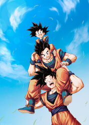  3boys :d ^_^ black_eyes black_hair blue_footwear blue_sky blurry bokeh boots brothers carrying closed_eyes cloud d: day depth_of_field dougi dragon_ball dragon_ball_z dutch_angle father_and_son fingernails fisheye full_body grass hands_on_another&#039;s_knees hands_on_another&#039;s_leg happy highres lolicon looking_at_another looking_down male_focus mattari_illust multiple_boys open_mouth outdoors shoulder_carry siblings sky smile son_gohan son_goku son_goten spiked_hair standing teeth upper_body wind wind_lift wristband 