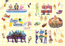  3d_glasses 6+boys absurdres aerosmith_(stand) alcohol argyle_clothes argyle_sweater bathing black_coat blonde_hair blue_eyes blue_hair bob_cut boots breasts bruno_bucciarati cleavage_cutout clothing_cutout coat commentary_request couch curly_hair diavolo eating female fishing food formaggio formal gelato ghiaccio giorno_giovanna glasses green_eyes green_hair green_shirt grey_hair guido_mista hat headband heterochromatic_eyewear highres hood ice_cream illuso jacket jewelry jojo_no_kimyou_na_bouken karaoke kebab leone_abbacchio long_hair male_focus mask meipu_hm melone multiple_boys narancia_ghirga navel necklace necktie onsen orange_headband pannacotta_fugo pants pesci phone pink_hair popcorn prosciutto purple_hair purple_pants purple_shirt red_eyes risotto_nero sex_pistols_(stand) shirt short_hair skirt sorbet stand_(jojo) standing striped suit sweater topless_male trish_una vento_aureo vinegar_doppio zipper 