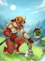  absurd_res after_transformation alternate_species anthro bandage bandaged_arm bandaged_chest blin_(tloz) blonde_hair blue_eyes bottomwear breath_of_the_wild clothing domestic_pig duo green_tongue hair hi_res hyrule kneeling korok link linkoblin loincloth male mammal master_sword melee_weapon moblin monster muscular nintendo open_mouth open_smile outside pig_nose psibunny red_body smile suid suina surprise sus_(pig) sword the_legend_of_zelda tongue weapon 