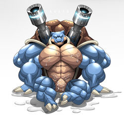 big_muscles blastoise blue_body blue_skin claws generation_1_pokemon hi_res huge_muscles hyper hyper_muscles looking_at_viewer male muscular muscular_male nintendo pecs pokemon pokemon_(species) reptile scalie shell simple_background sitting smile solo water wolfiecanem