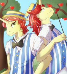 anthro anthrofied apple bow_(feature) bow_tie brother_(lore) brothers_(lore) clothing duo equid equine flam_(mlp) flim_(mlp) food friendship_is_magic fruit hasbro horn identical_twins male mammal my_little_pony mythological_creature mythological_equine mythology pattern_clothing pattern_topwear plant shirt sibling_(lore) silvyr striped_clothing striped_topwear stripes topwear tree twins_(lore) unicorn