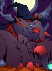 anthro arskatheman blue_eyes breasts candy canid canine claws clothing dessert female fluffy food fur generation_5_pokemon hair halloween hat headgear headwear hi_res holidays long_hair low-angle_view mammal nintendo pokemon pokemon_(species) solo witch_hat zoroark