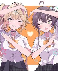  2girls :d ahoge alternate_costume black_choker blonde_hair blue_eyes blue_nails blunt_bangs bow bowtie breasts brown_hair choker clothes_around_waist facial_tattoo grin hair_between_eyes hair_ornament heart heart_arms heart_arms_duo heart_tattoo highres hiyoko_no_ko hololive hoshikawa_sara jacket jacket_around_waist looking_at_another looking_to_the_side medium_hair multiple_girls natsuiro_matsuri nijisanji one_eye_closed open_mouth orange_bow orange_bowtie orange_nails plaid plaid_skirt polka_dot polka_dot_scrunchie school_uniform scrunchie short_sleeves side_ponytail skirt smile star_tattoo tattoo teeth upper_teeth_only virtual_youtuber x_hair_ornament 